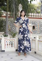 Miravan Women's Blue Flower Printed Puff Sleeve Pure Cotton Fit V Neck Butterfly Middi Dress - Distacart