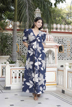 Miravan Women's Blue Flower Printed Puff Sleeve Pure Cotton Fit V Neck Butterfly Middi Dress - Distacart