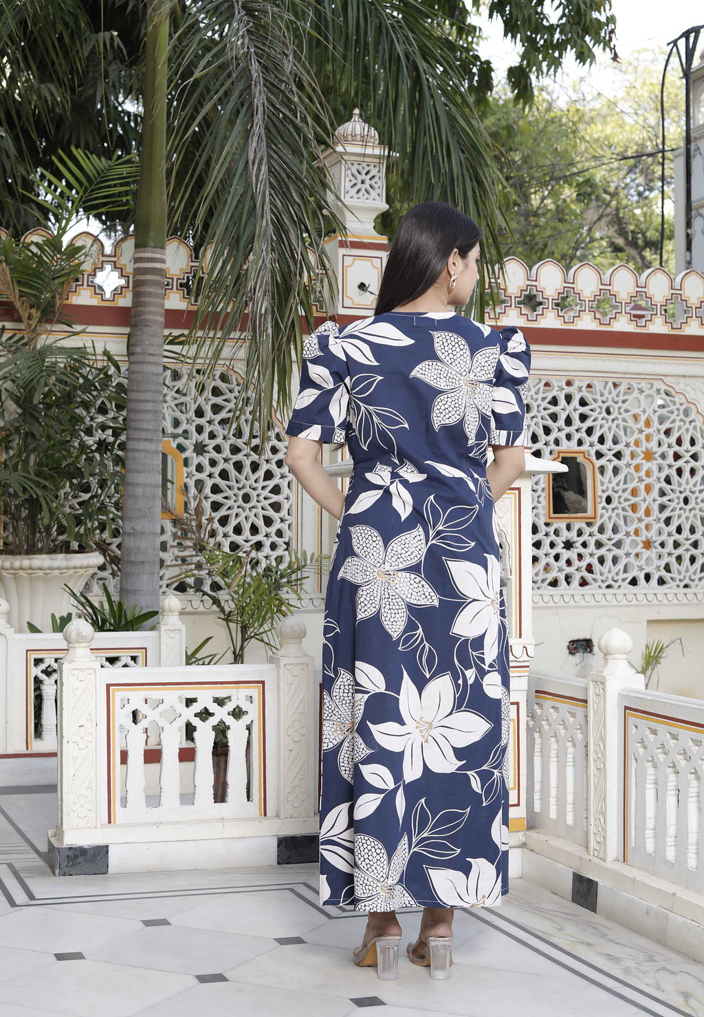 Miravan Women's Blue Flower Printed Puff Sleeve Pure Cotton Fit V Neck Butterfly Middi Dress - Distacart