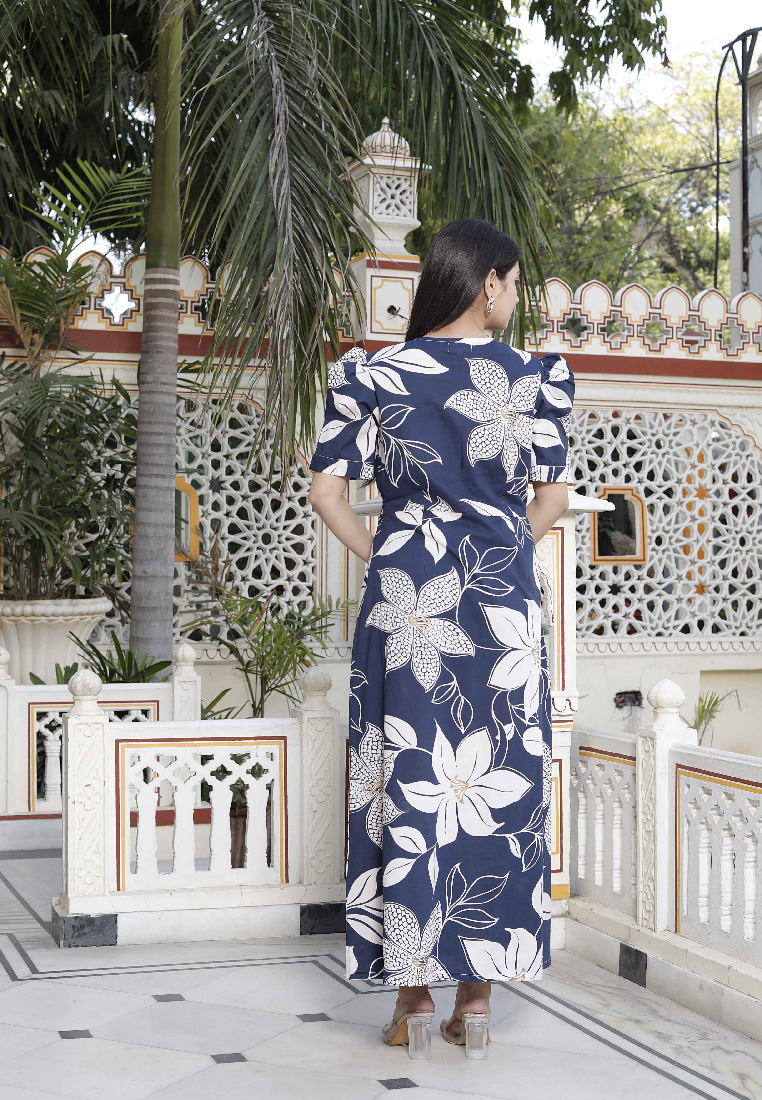 Miravan Women's Blue Flower Printed Puff Sleeve Pure Cotton Fit V Neck Butterfly Middi Dress - Distacart