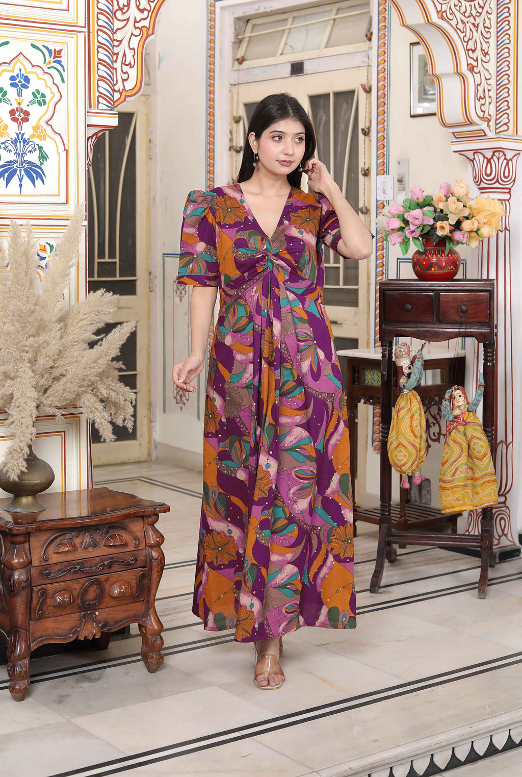 Miravan Women's Floral Print Puff Sleeve Pure Cotton Fit Flare Magenta Butterfly Maxi Dress - Distacart