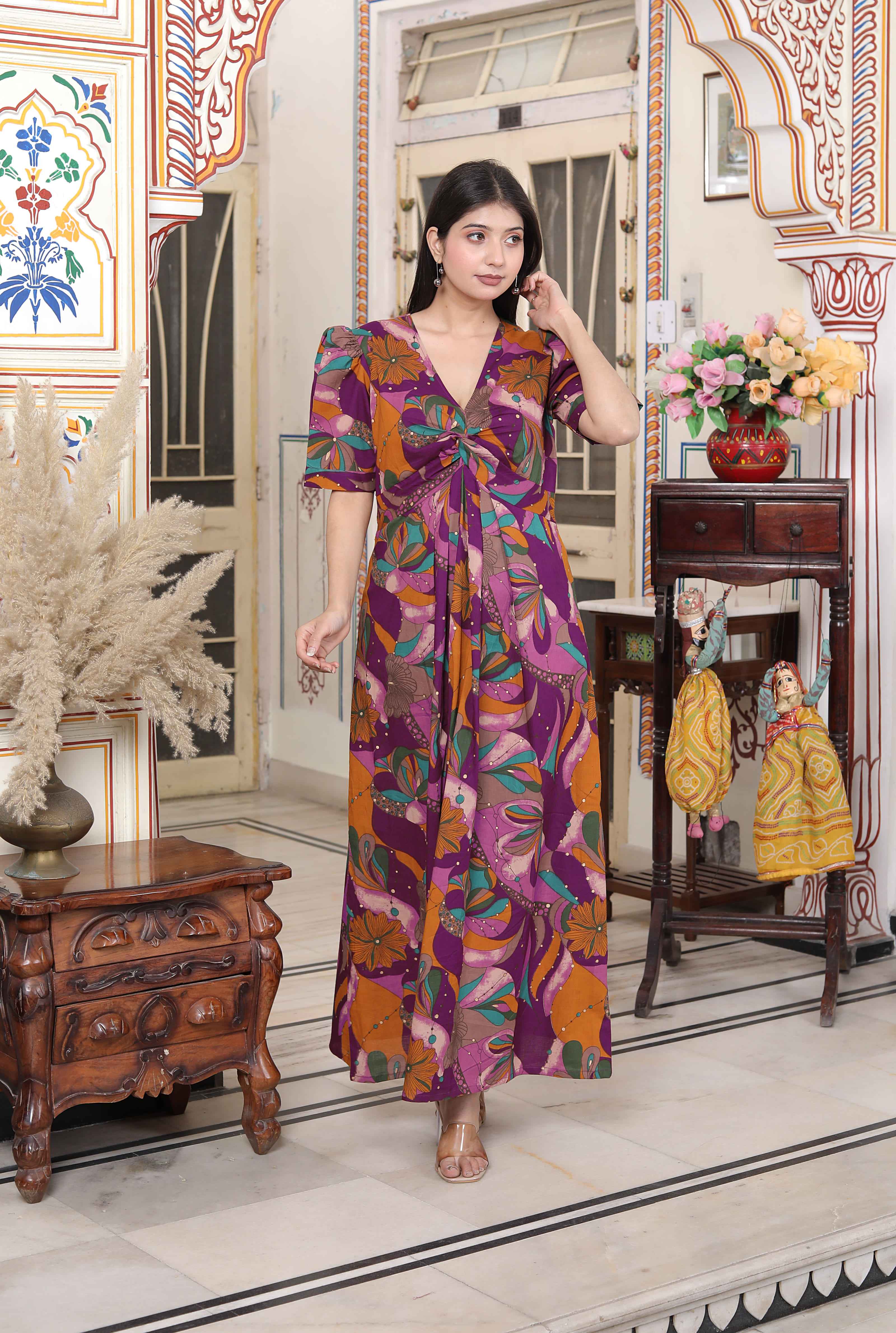 Miravan Women's Floral Print Puff Sleeve Pure Cotton Fit Flare Magenta Butterfly Maxi Dress - Distacart