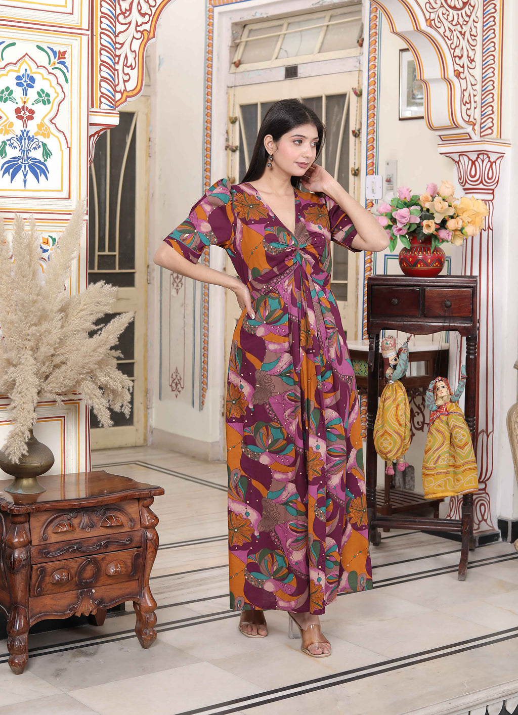 Miravan Women's Floral Print Puff Sleeve Pure Cotton Fit Flare Magenta Butterfly Maxi Dress - Distacart