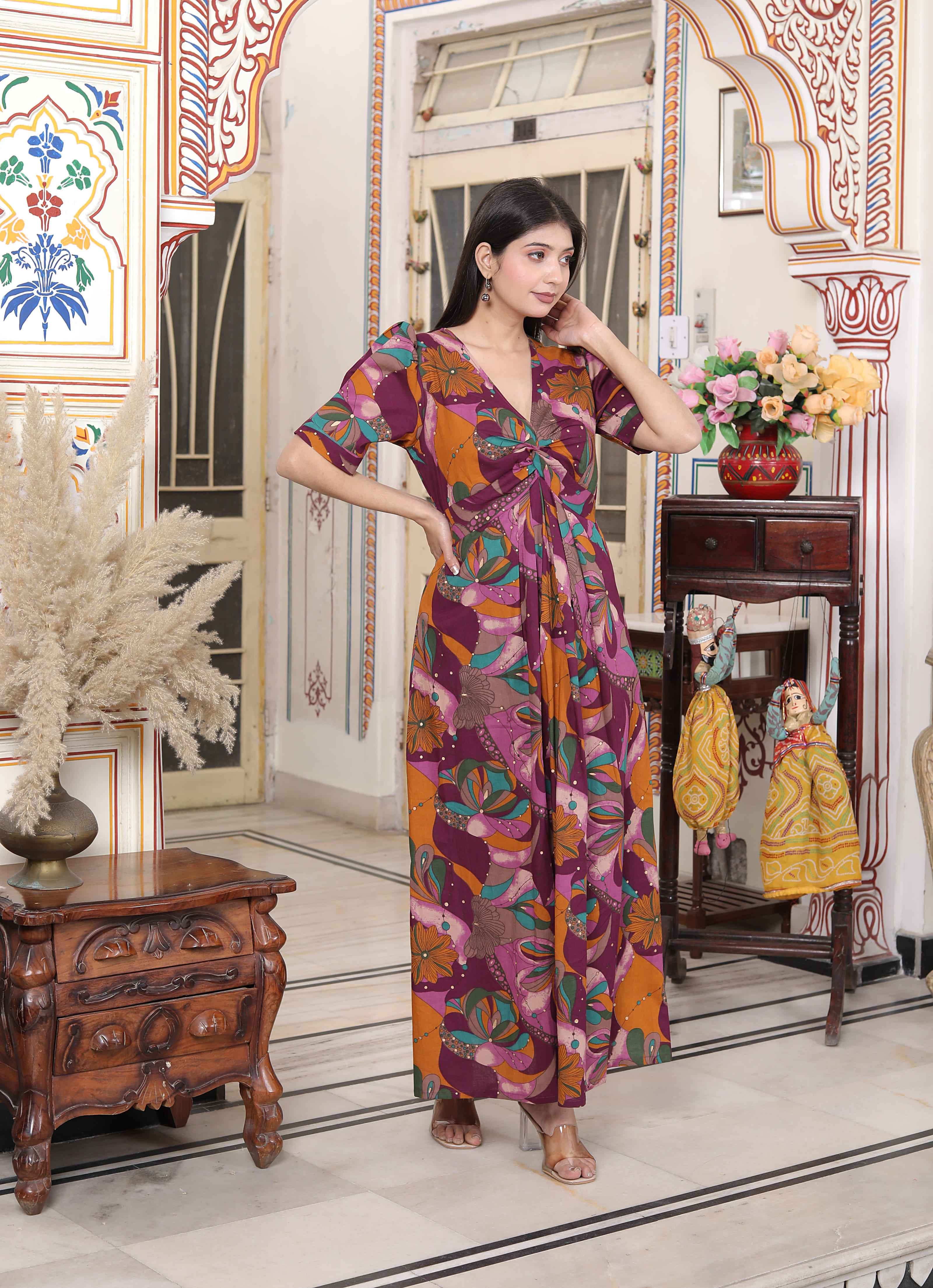 Miravan Women's Floral Print Puff Sleeve Pure Cotton Fit Flare Magenta Butterfly Maxi Dress - Distacart