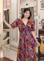 Miravan Women's Floral Print Puff Sleeve Pure Cotton Fit Flare Magenta Butterfly Maxi Dress - Distacart