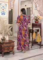 Miravan Women's Floral Print Puff Sleeve Pure Cotton Fit Flare Magenta Butterfly Maxi Dress - Distacart