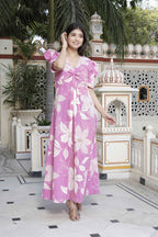 Miravan Women's Pink Floral Print Puff Sleeve Pure Cotton Fit Flare Butterfly Maxi Dress - Distacart