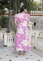 Miravan Women's Pink Floral Print Puff Sleeve Pure Cotton Fit Flare Butterfly Maxi Dress - Distacart