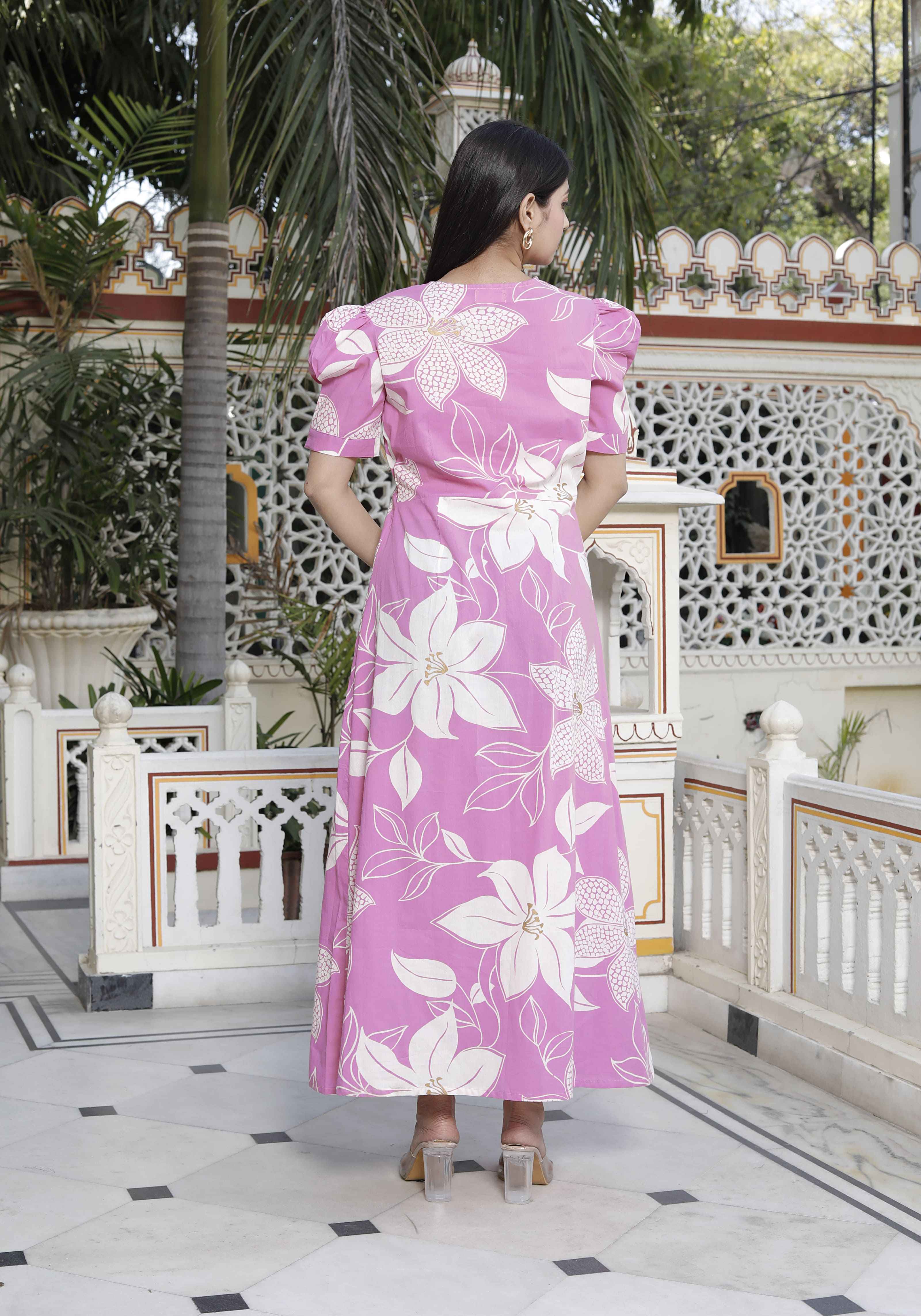 Miravan Women's Pink Floral Print Puff Sleeve Pure Cotton Fit Flare Butterfly Maxi Dress - Distacart