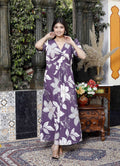 Miravan Women's Purple Pleated Puff Sleeve Floral Pure Cotton Butterfly Middi Dress - Distacart