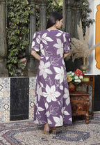 Miravan Women's Purple Pleated Puff Sleeve Floral Pure Cotton Butterfly Middi Dress - Distacart