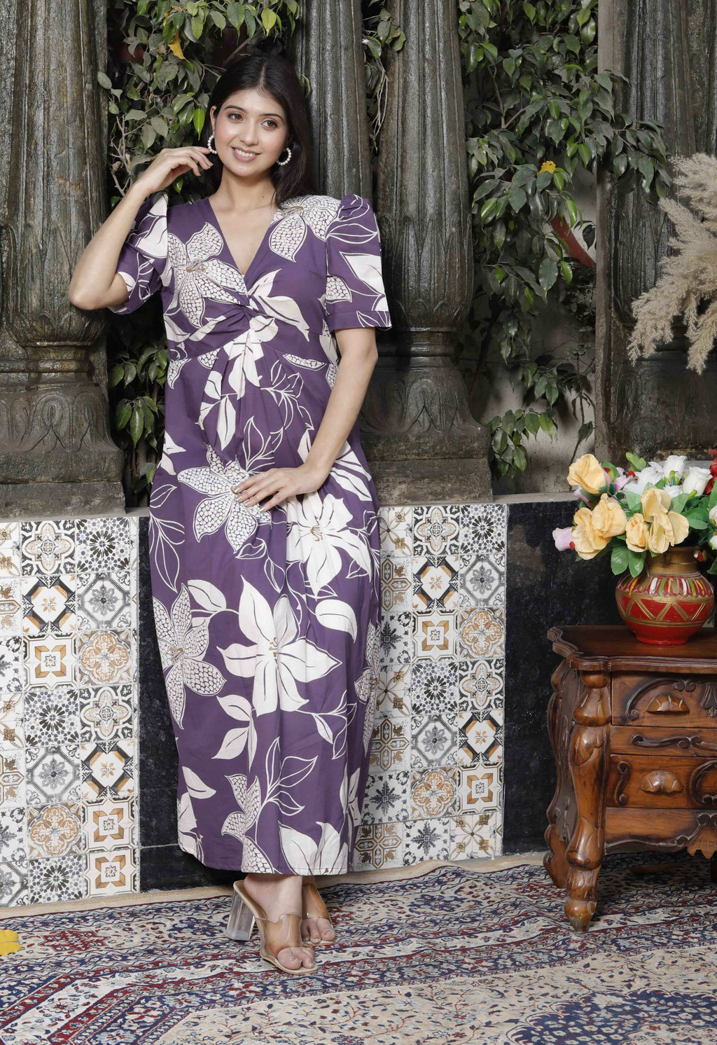 Miravan Women's Purple Pleated Puff Sleeve Floral Pure Cotton Butterfly Middi Dress - Distacart