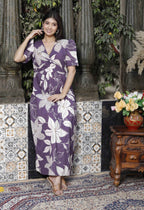 Miravan Women's Purple Pleated Puff Sleeve Floral Pure Cotton Butterfly Middi Dress - Distacart