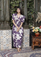 Miravan Women's Purple Pleated Puff Sleeve Floral Pure Cotton Butterfly Middi Dress - Distacart