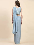 Blue Silk Satin Solid Ready to wear Saree with stitched Blouse - Satiksha