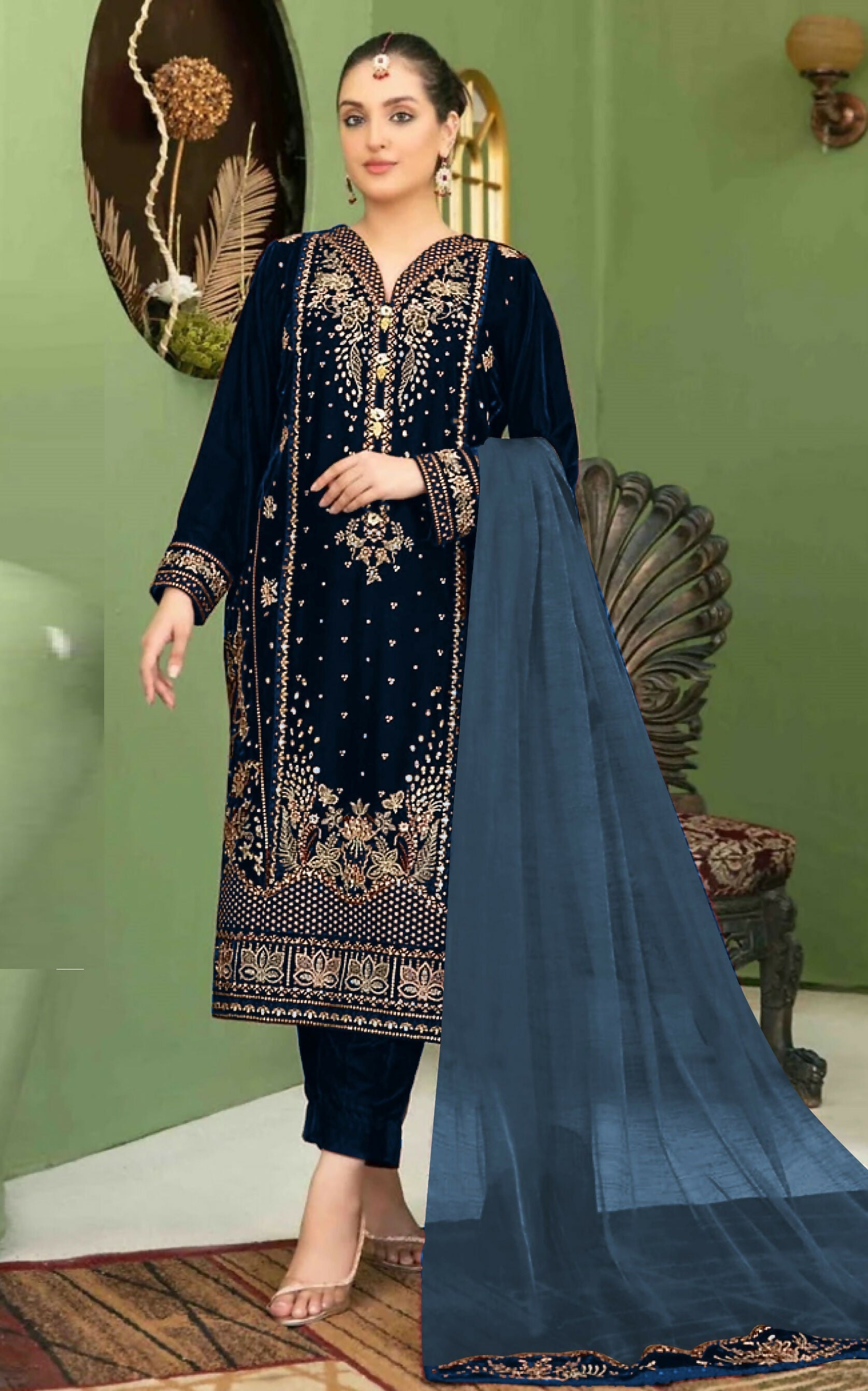 Anaita Navy Blue Velvet Suit with Embroidery Sequence Work - Distacart
