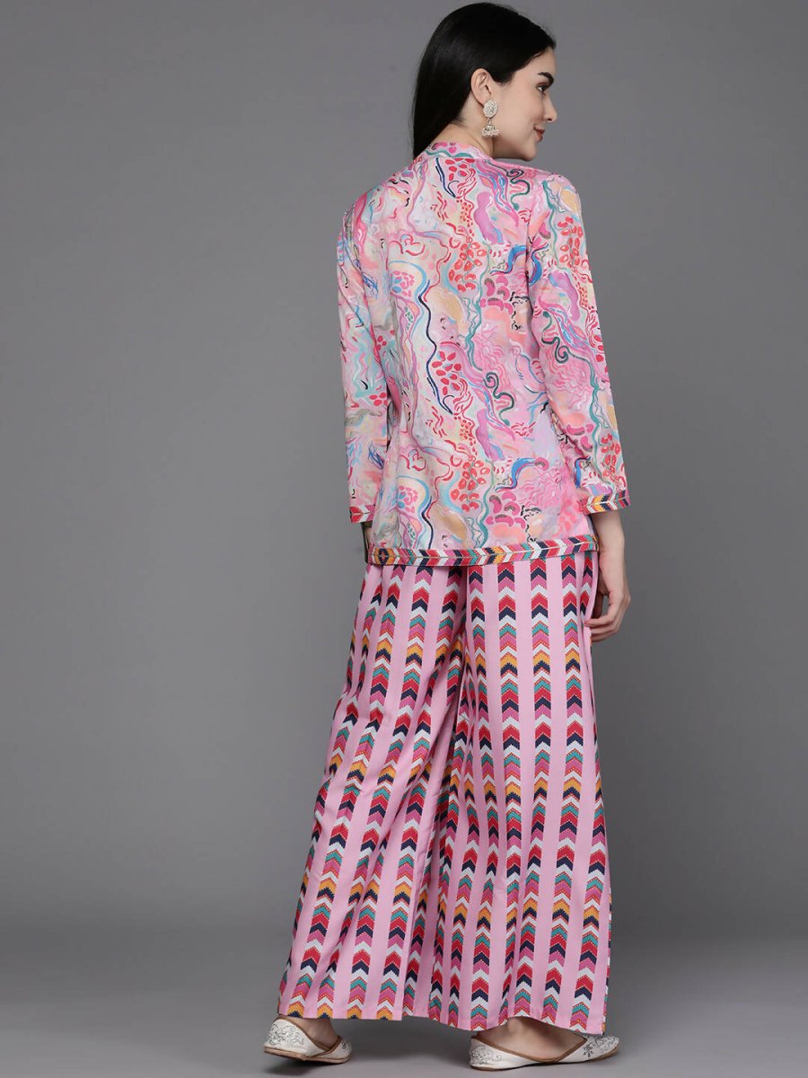Ahalyaa Women Printed Crop Top with Palazzos & Jacket - Multi Color