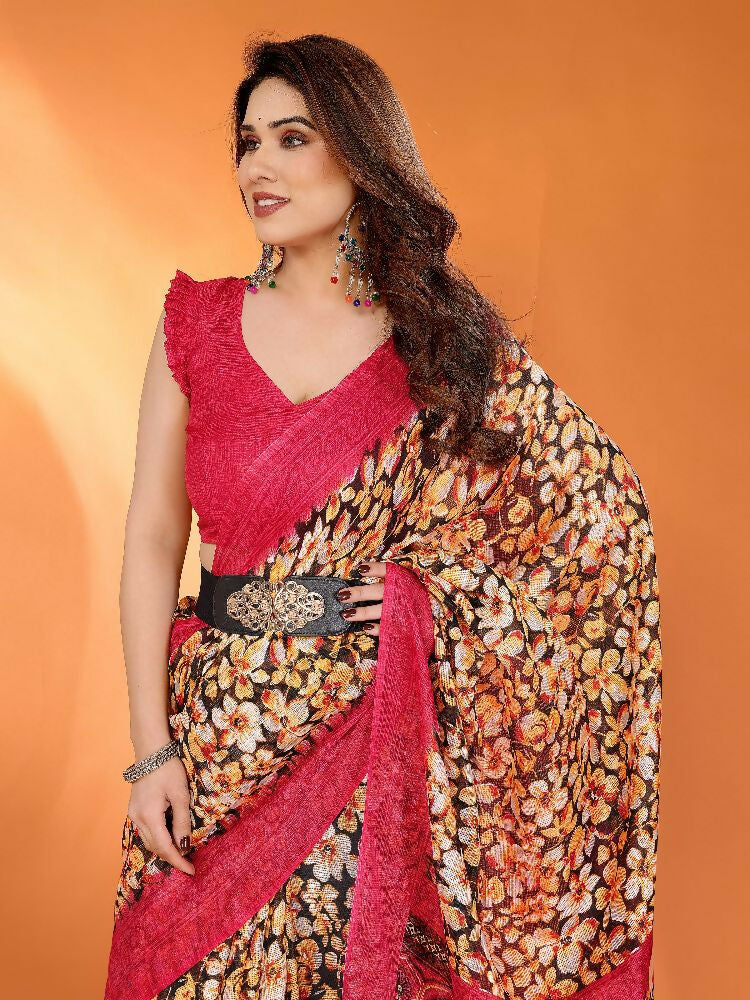 PR Fashion Red Kota Doria Printed Saree