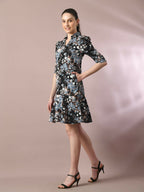 Myshka Women's Black Printed Shirt Collar Fit and Flare Party Dress - Distacart