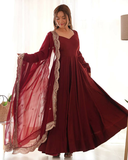 Lehenga Mart Designer Anarkali Suit With Kurta, Pant, Dupatta For Women-Maroon