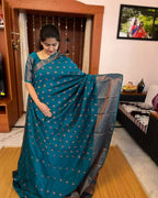 DEIANA'S Beautiful Designer Golden zari Soft Lichi Silk Saree - Teal