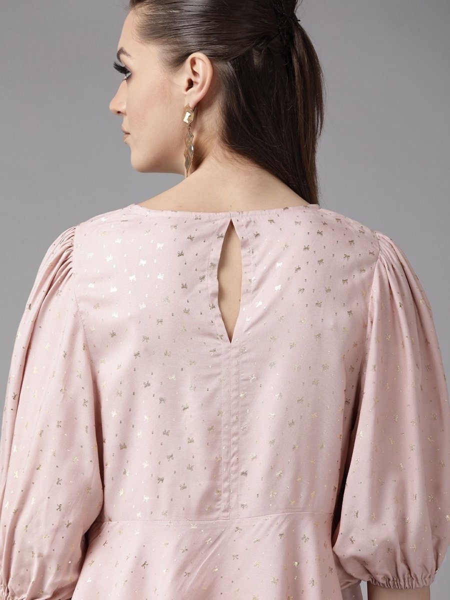 Ahalyaa Women Pink Rayon Gold Foil Print Tunic