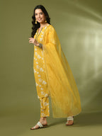 Myshka Women's Yellow Printed Cotton Straight Party Kurta Set With Dupatta