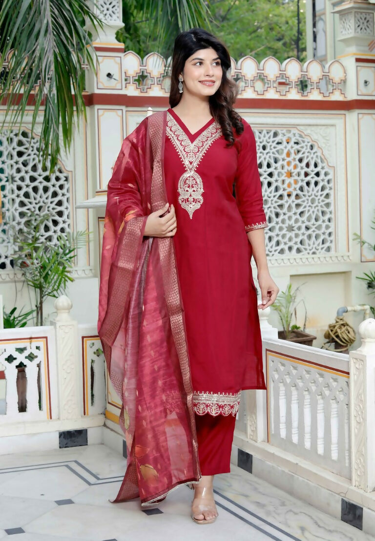Miravan Women's Embroidered Pure Silk Red Kurta with Palazzo and Dupatta