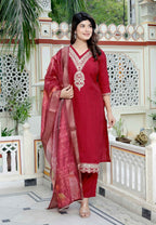 Miravan Women's Embroidered Pure Silk Red Kurta with Palazzo and Dupatta