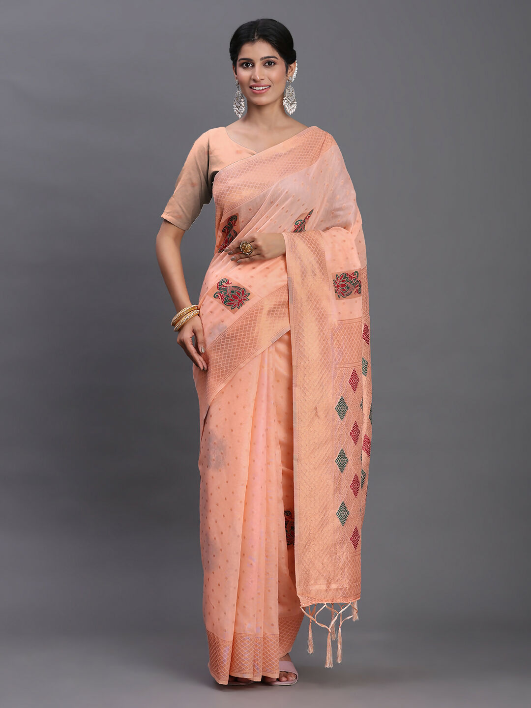 Shree Shyam Fashion Linen Cotton Peach Saree - Distacart