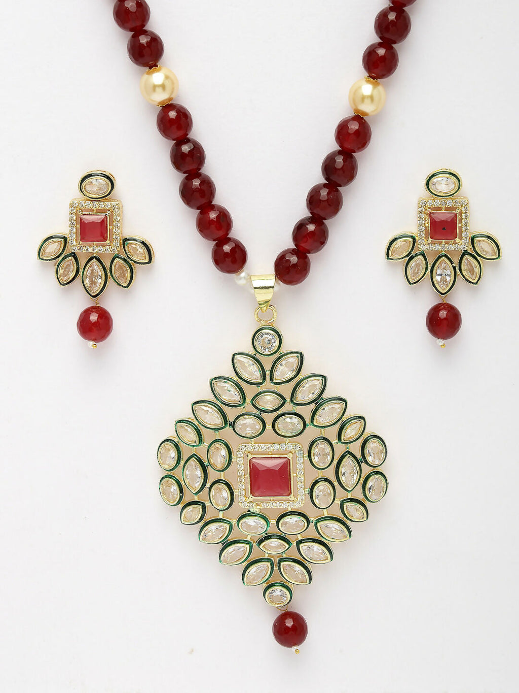 NVR Women's Red Kundan-Studded & Beaded Handcrafted Jewellery Set