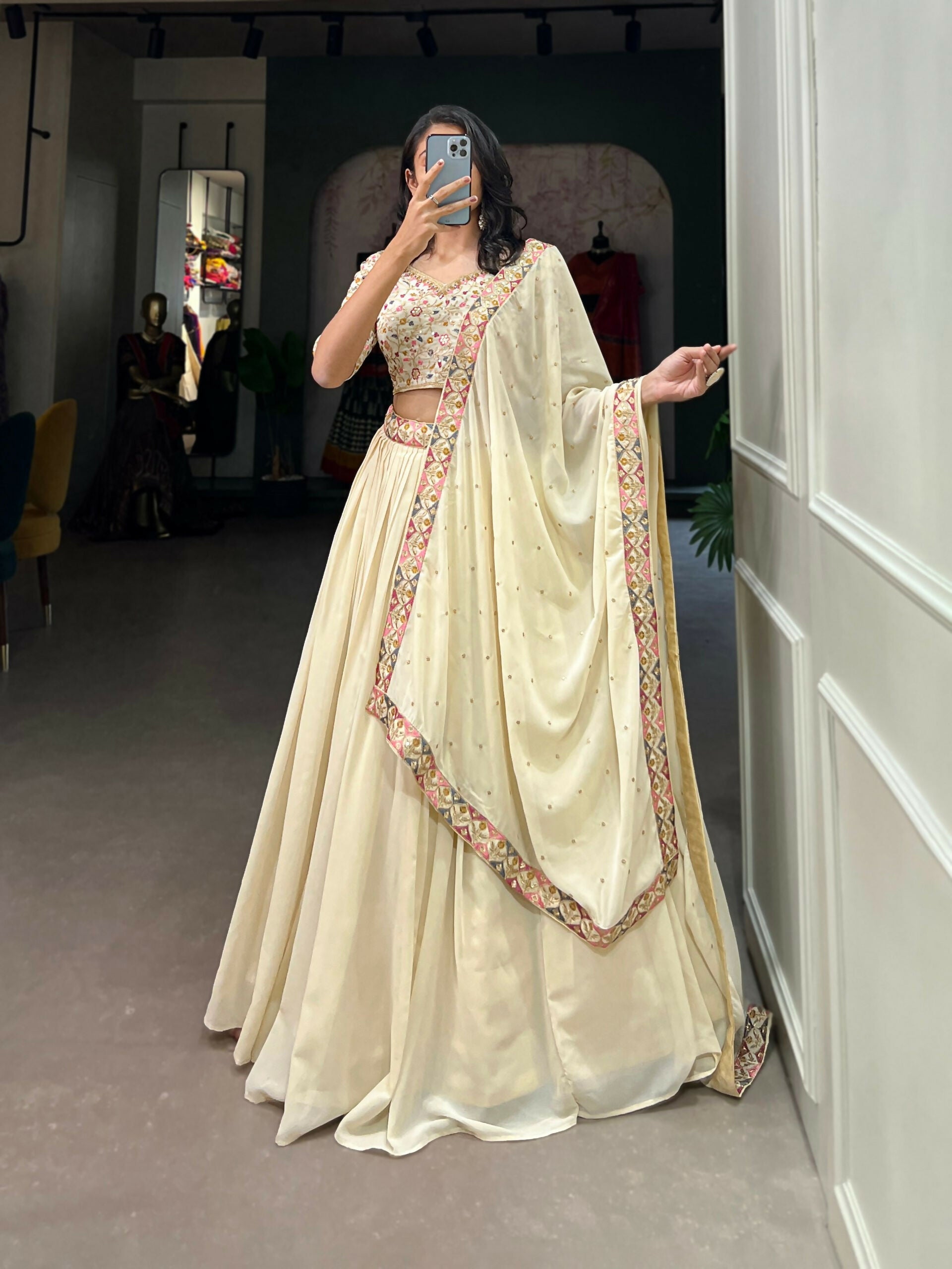 Vastranavya Exquisitely Sequins And Thread Embroidered Georgette Lehenga Choli - Off White