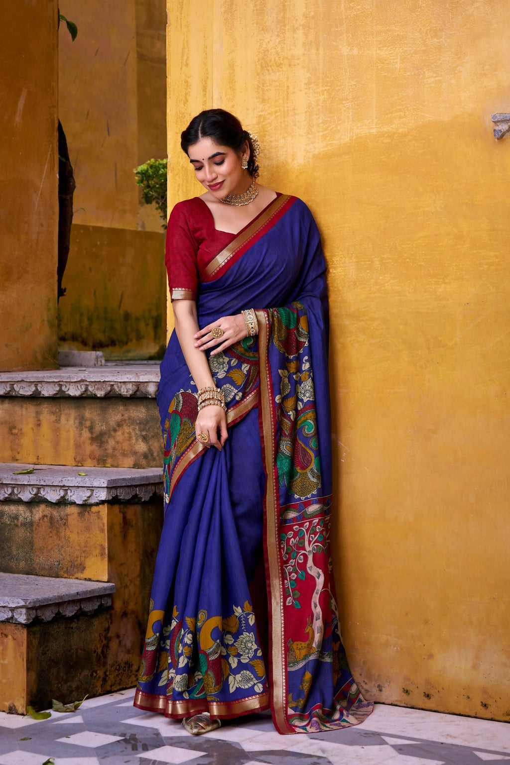 Vastranavya Blue Viscose Chanderi Kalamkari Print with Zari Working Saree & Unstitched Blouse - Distacart