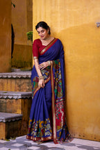 Vastranavya Blue Viscose Chanderi Kalamkari Print with Zari Working Saree & Unstitched Blouse - Distacart