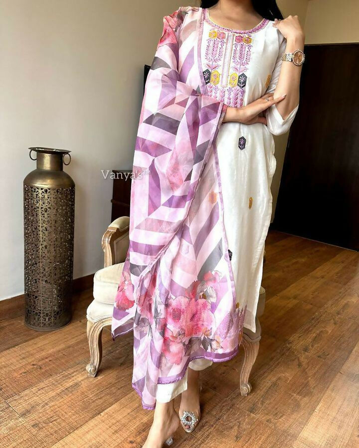 The52 Off White Women's Gorgeous Embroidered Viscose Chanderi Fabric Straight Kurta Pant with Dupatta Set - Distacart