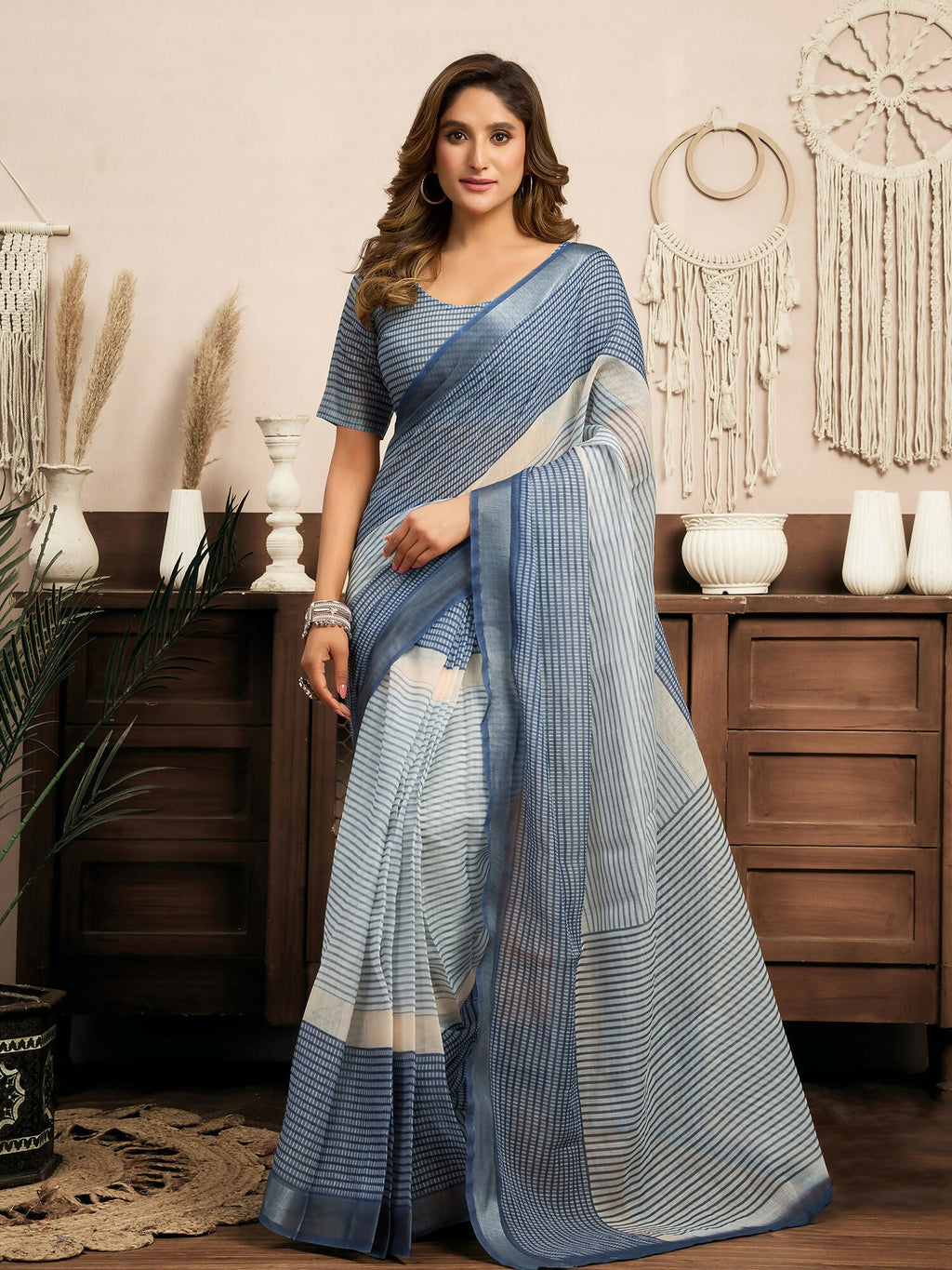 Joban Fashion Cream & Blue Striped Linen Ready To Wear Saree With Unstitched Blouse - Distacart