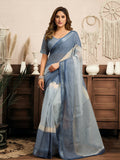 Joban Fashion Cream & Blue Striped Linen Ready To Wear Saree With Unstitched Blouse - Distacart