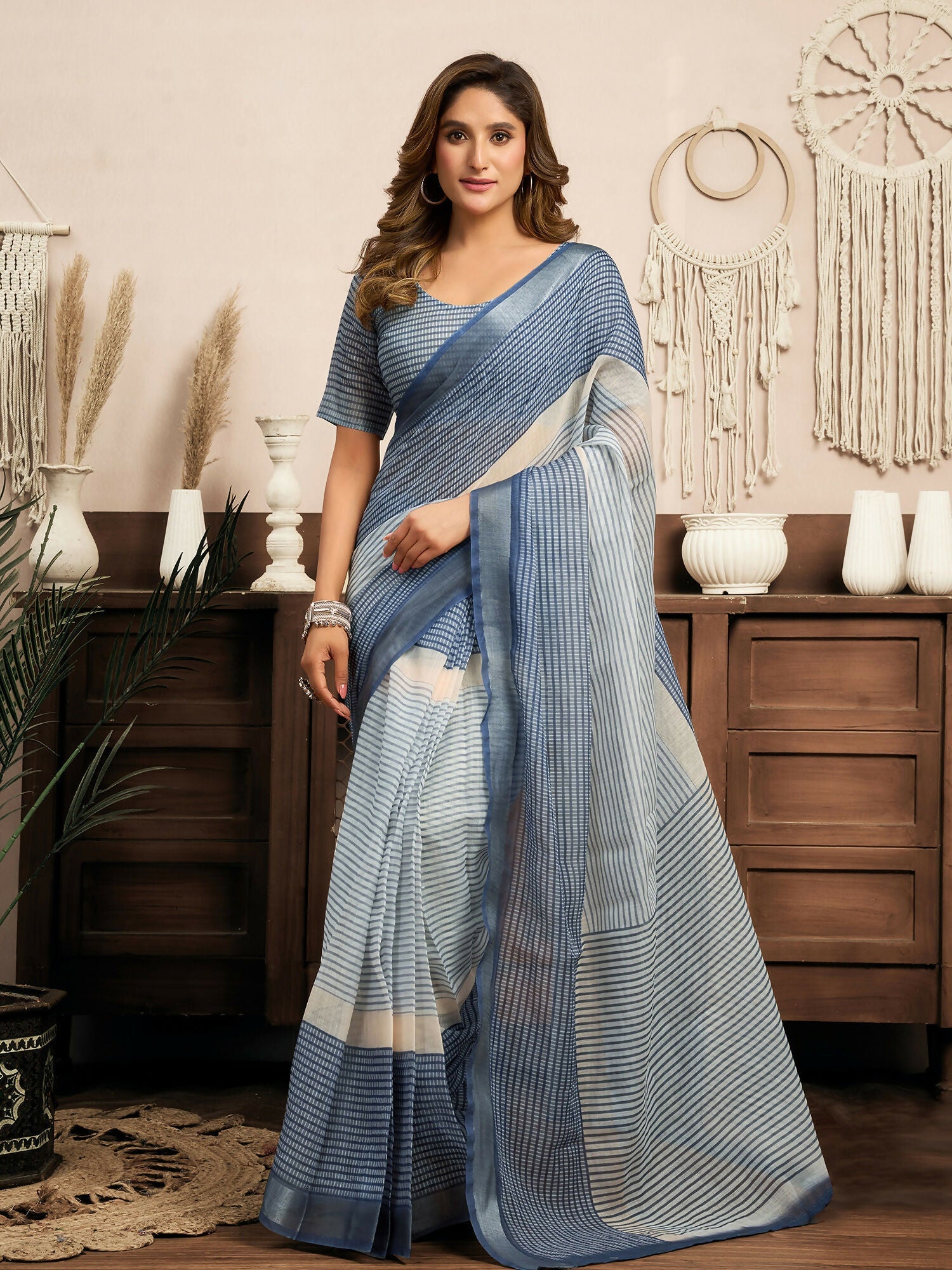 Joban Fashion Cream & Blue Striped Linen Ready To Wear Saree With Unstitched Blouse - Distacart