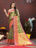 Lorenvalley Fashion Mehndi Kanjivaram Silk Woven Design with Zari Weaving Saree