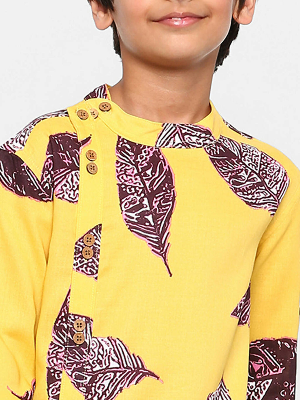 Manet Ethnic Full Sleeves Big Leaf Printed Shirt - Yellow