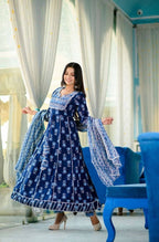 Yufta Women Blue Yoke Design Regular Pure Cotton Kurta with Trouser With Dupatta