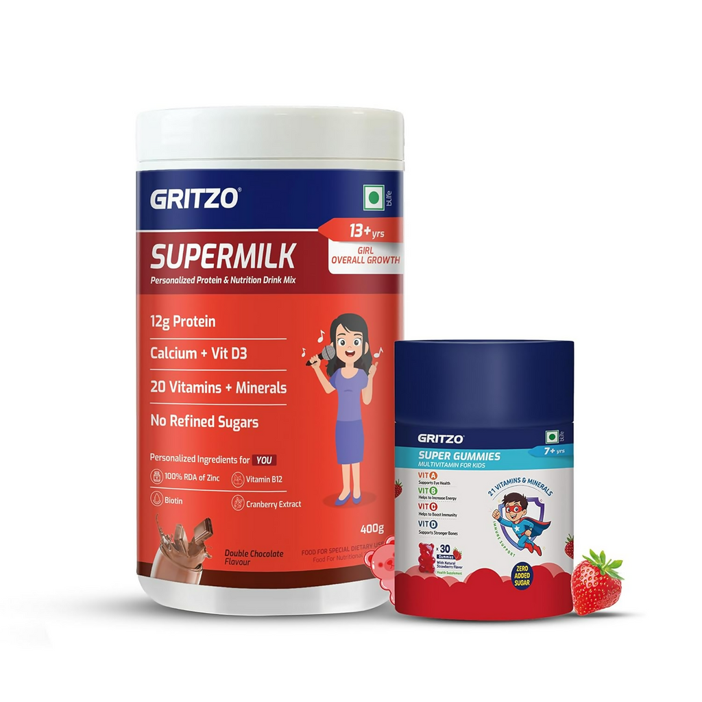 Gritzo SuperMilk Overall Growth (13+y Girls) (Double Chocolate ) with Super Gummies Strawberry