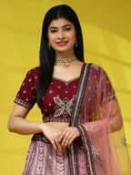 Maroon Fancy Net Sequence Embroidered Lehenga Choli with Dupatta - Dhara