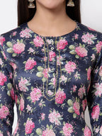 Myshka Silk Printed 3/4 Sleeve Round Neck Casual Blue Women's Kurta