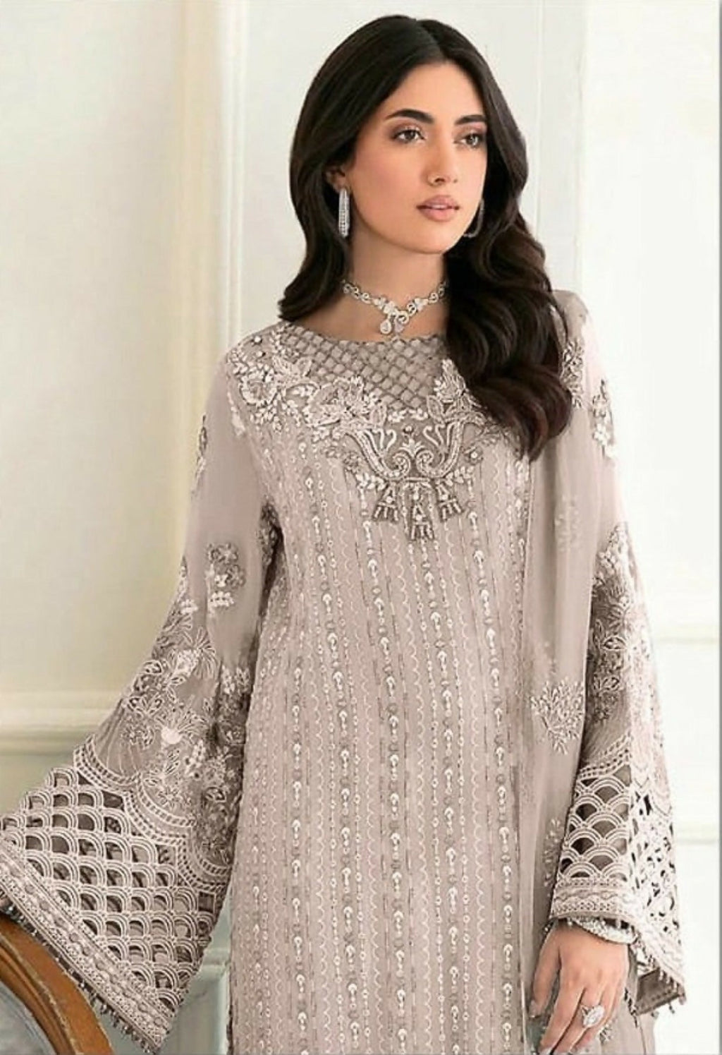Anaita Baige Fox Georgette Stitched Suit with Embroidery Sequence Work & Khatli Work - Distacart