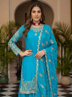 Teeya Creation Sky Chinon Silk Designer Wedding Wear Embroidery Work Palazzo - Distacart