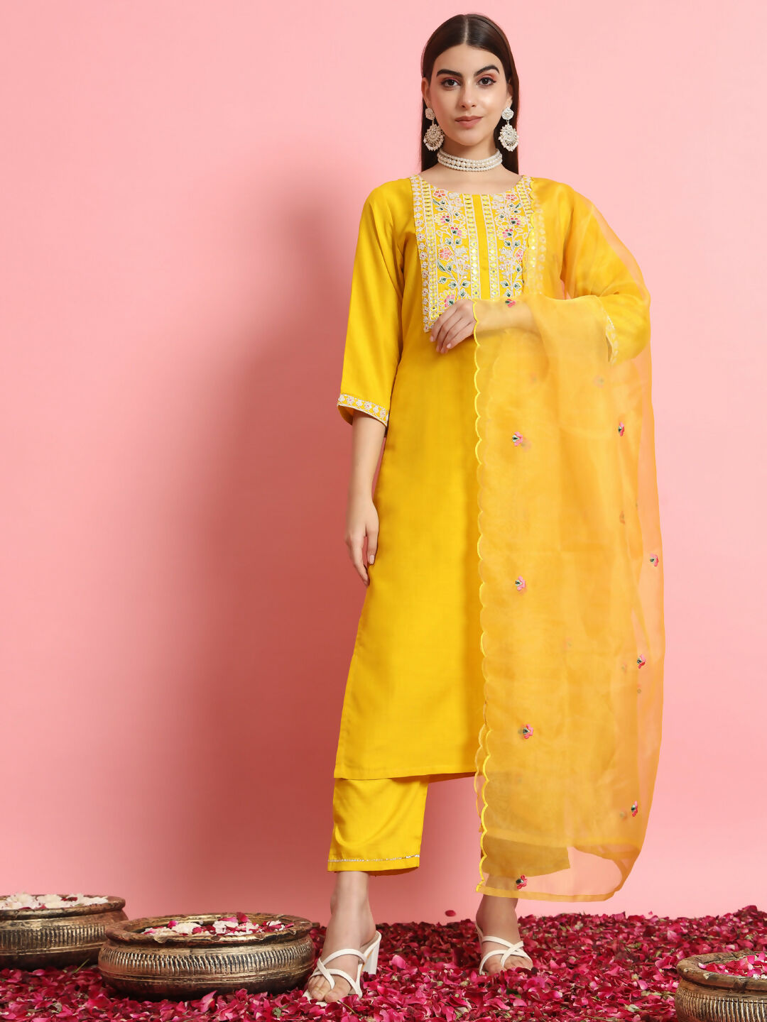 Vellora Sunshine Yellow Silk Blend Embroidered Casual Suit