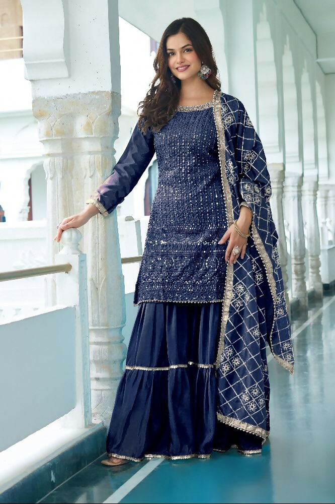 Teeya Creation Blue Colour Chinnon Silk Heavy Embroidery Work Fully Stitched Salwar Suit - Distacart