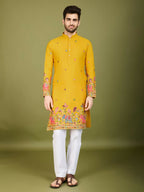 Vastranavya Yellow Exclusive Festival Wear Cotton Sequence Embroidered & Thread Work Kurta