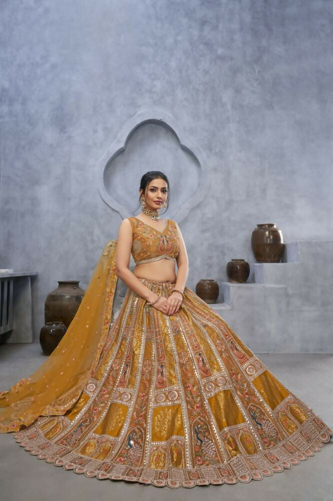 Kesar Fab Mustard Organza Embroidered Lehenga